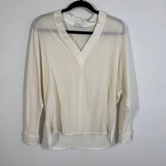 Sandro Paris Ivory Silk Blouse Size M Long Sleeve Minimalist V Neck Top - Picture 2 of 15